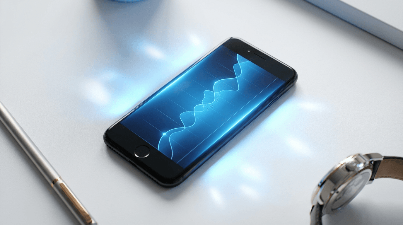 Overhead view of sleek black smartphone with glowing blue interface on white surface, metallic accessories nearby.